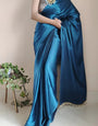 Demesne Cobalt Blue 1 Minute Ready To Wear Satin Silk Saree With Handmade Tassels