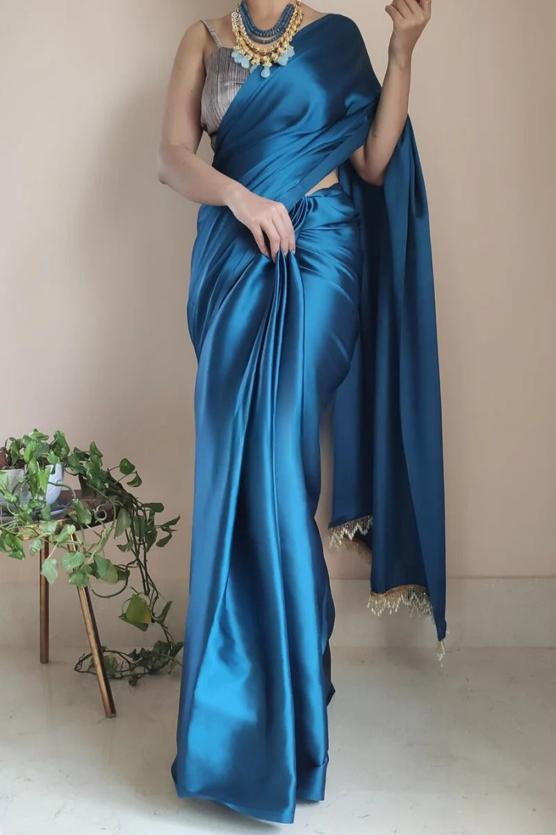 Demesne Cobalt Blue 1 Minute Ready To Wear Satin Silk Saree With Handmade Tassels