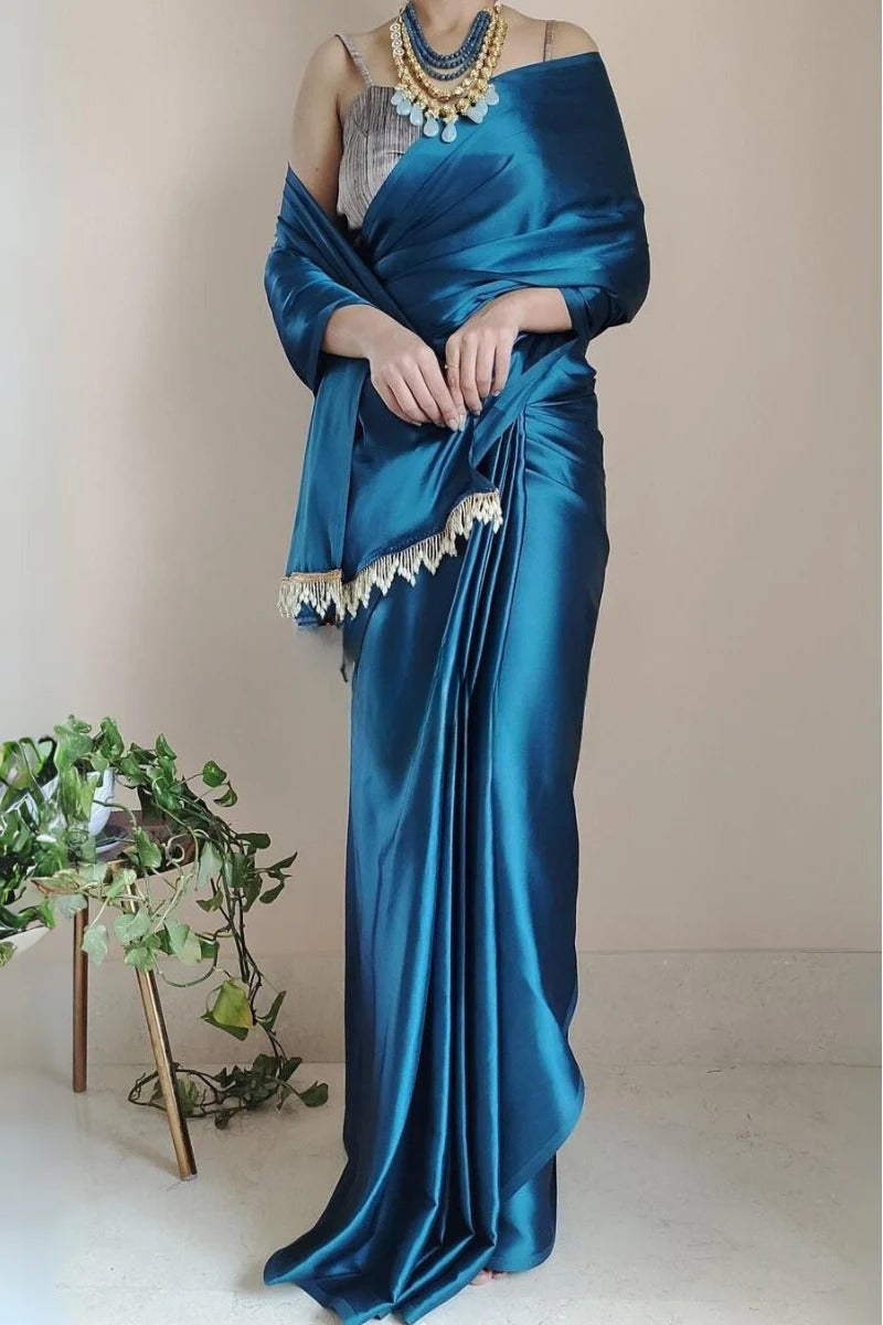 Demesne Cobalt Blue 1 Minute Ready To Wear Satin Silk Saree With Handmade Tassels