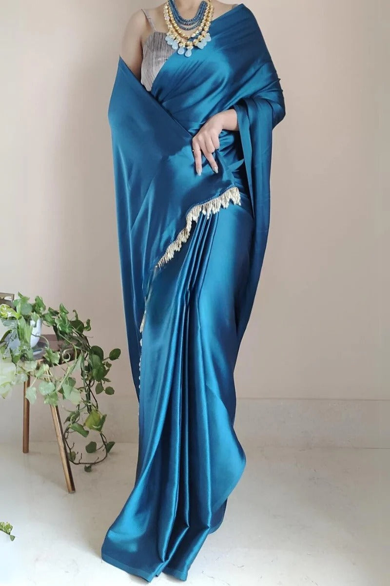 Demesne Cobalt Blue 1 Minute Ready To Wear Satin Silk Saree With Handmade Tassels