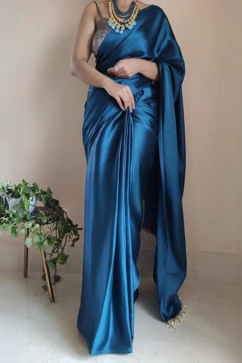 Demesne Cobalt Blue 1 Minute Ready To Wear Satin Silk Saree With Handmade Tassels