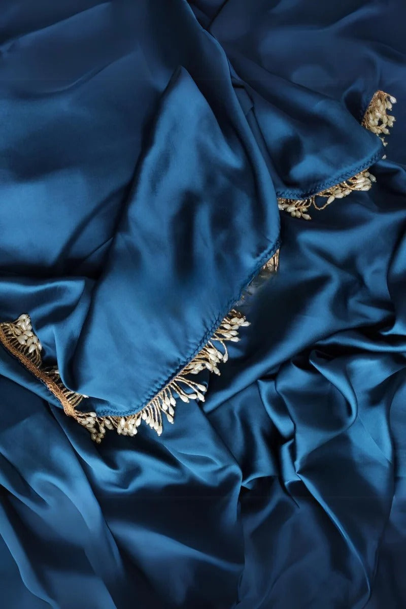 Demesne Cobalt Blue 1 Minute Ready To Wear Satin Silk Saree With Handmade Tassels