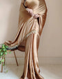 Elegant Golden Brown 1 Minute Ready To Wear Satin Silk Saree With Handmade Tassels