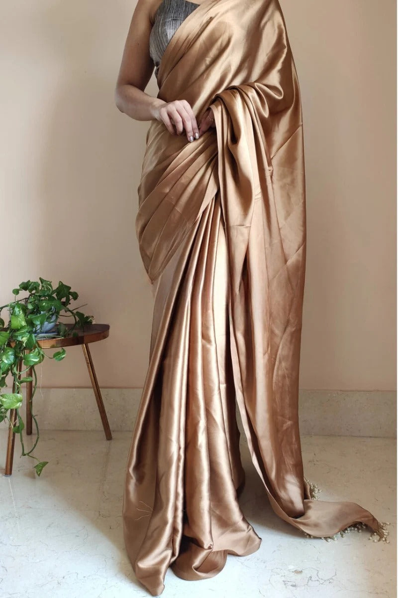 Elegant Golden Brown 1 Minute Ready To Wear Satin Silk Saree With Handmade Tassels