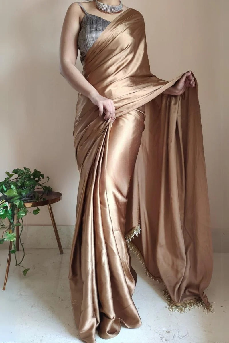 Elegant Golden Brown 1 Minute Ready To Wear Satin Silk Saree With Handmade Tassels