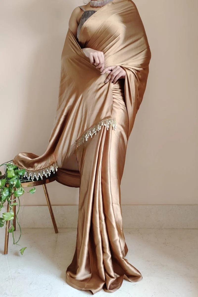 Elegant Golden Brown 1 Minute Ready To Wear Satin Silk Saree With Handmade Tassels