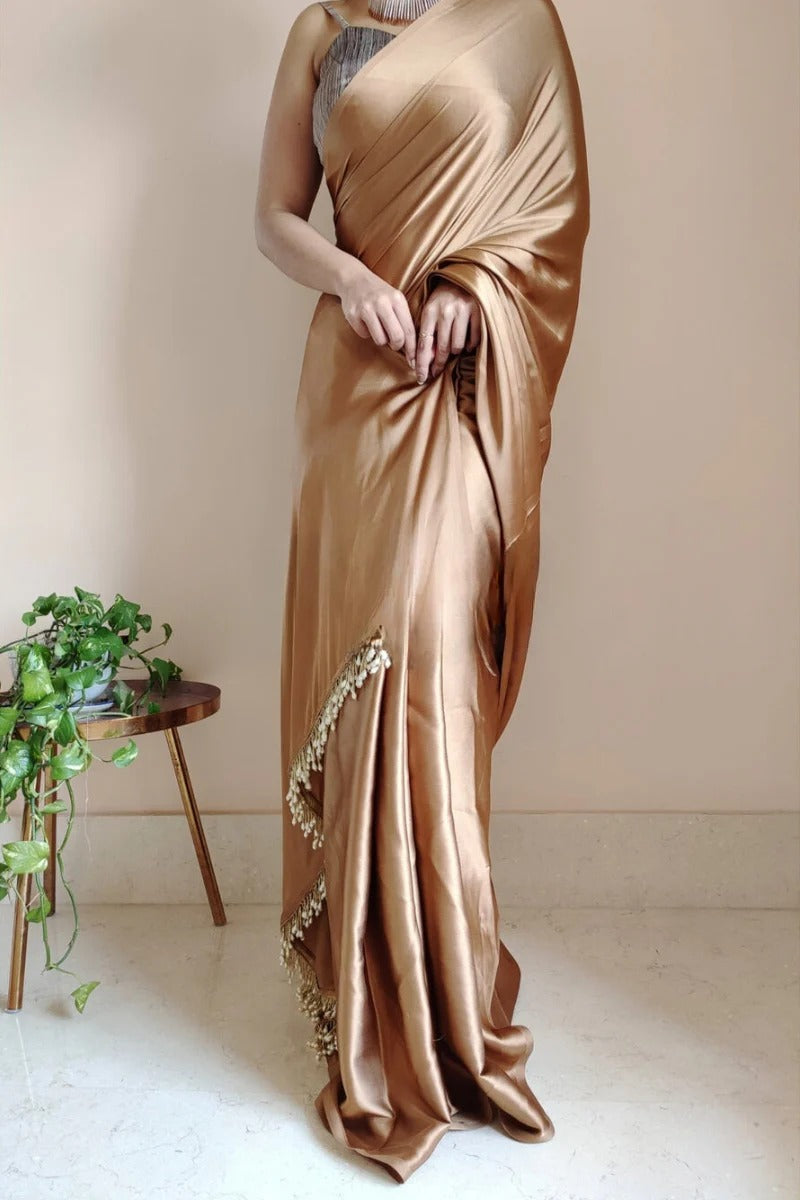 Elegant Golden Brown 1 Minute Ready To Wear Satin Silk Saree With Handmade Tassels