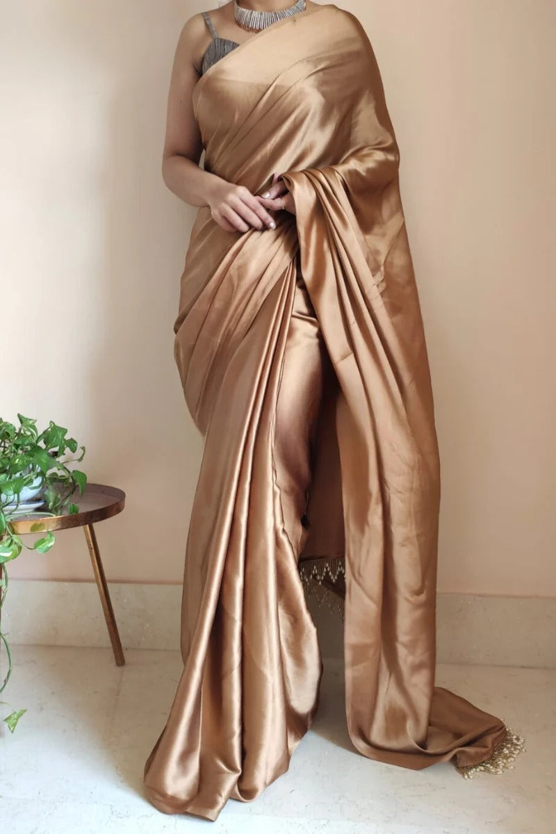 Elegant Golden Brown 1 Minute Ready To Wear Satin Silk Saree With Handmade Tassels