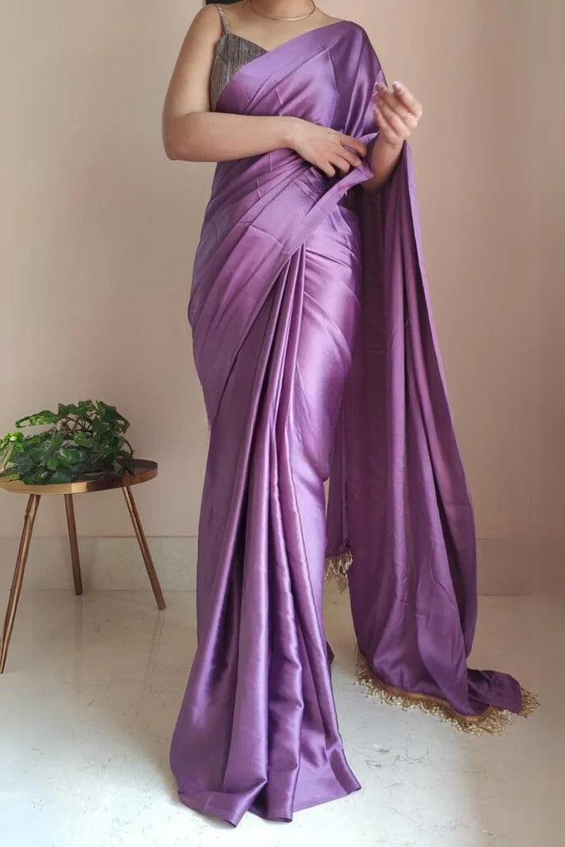 Flameboyant Heather 1 Minute Ready To Wear Satin Silk Saree With Handmade Tassels