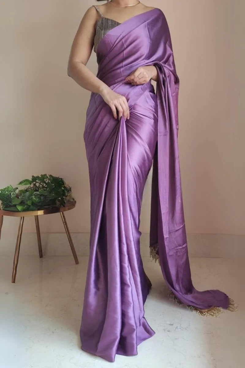 Flameboyant Heather 1 Minute Ready To Wear Satin Silk Saree With Handmade Tassels