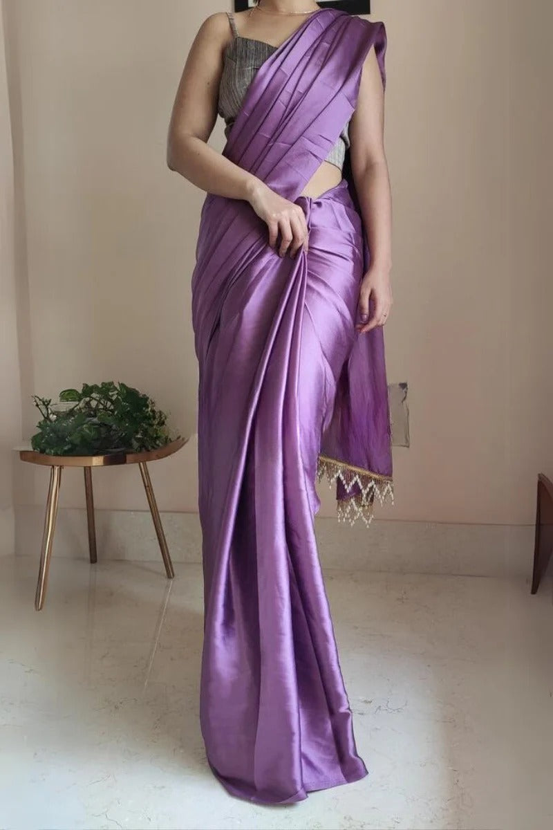 Flameboyant Heather 1 Minute Ready To Wear Satin Silk Saree With Handmade Tassels