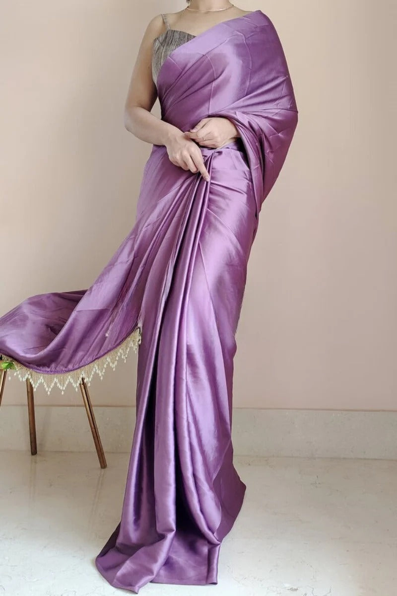 Flameboyant Heather 1 Minute Ready To Wear Satin Silk Saree With Handmade Tassels