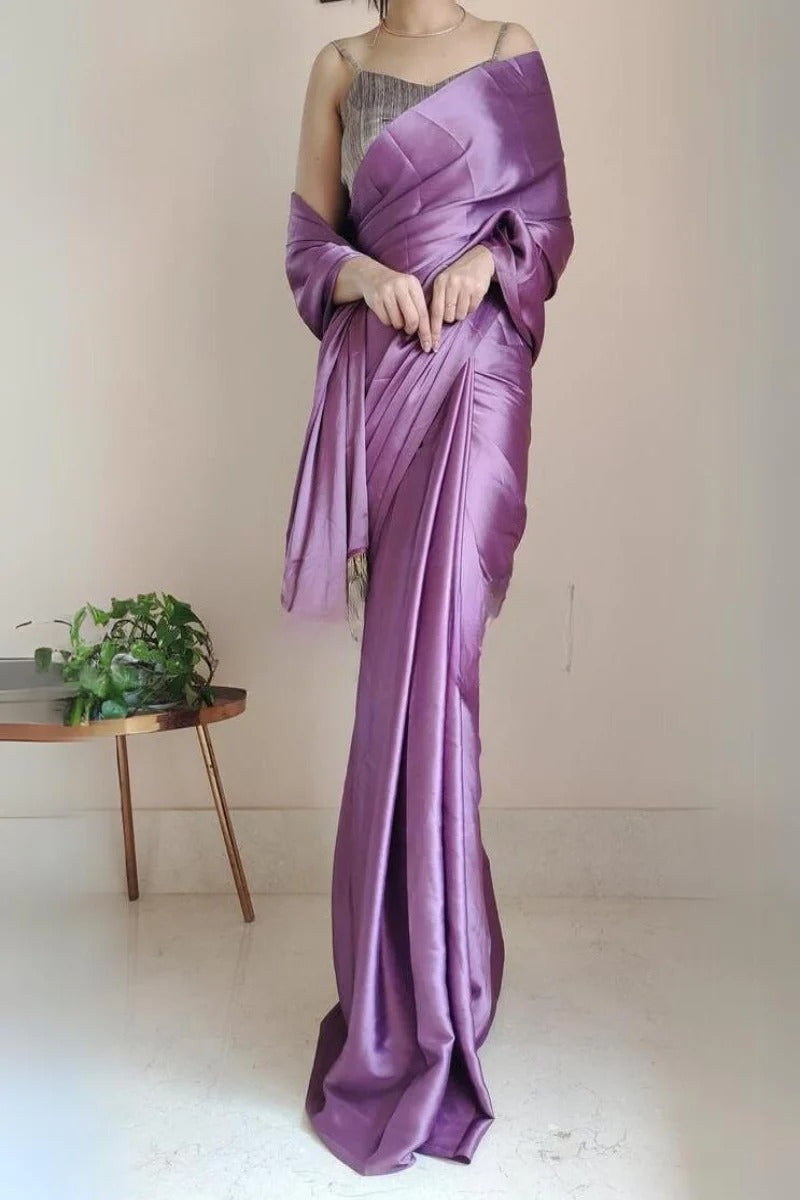 Flameboyant Heather 1 Minute Ready To Wear Satin Silk Saree With Handmade Tassels