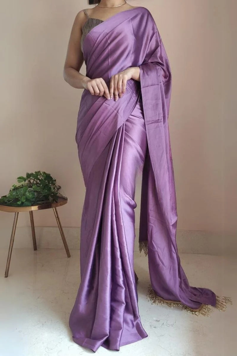 Flameboyant Heather 1 Minute Ready To Wear Satin Silk Saree With Handmade Tassels