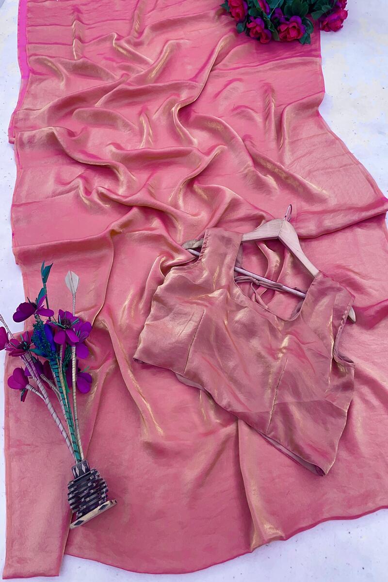 GramVastra Dusty Pink Tissue Saree (Pushpa)