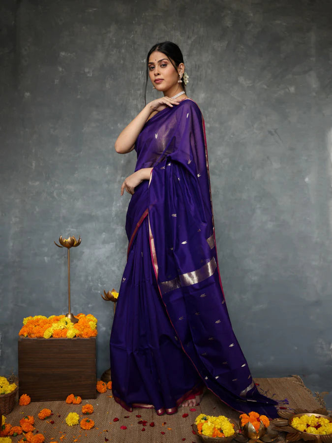 Lovely Navy Blue Cotton Silk Saree With Marvellous Blouse Piece