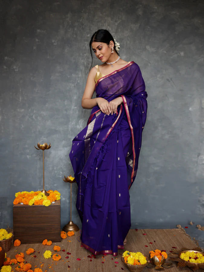 Lovely Navy Blue Cotton Silk Saree With Marvellous Blouse Piece