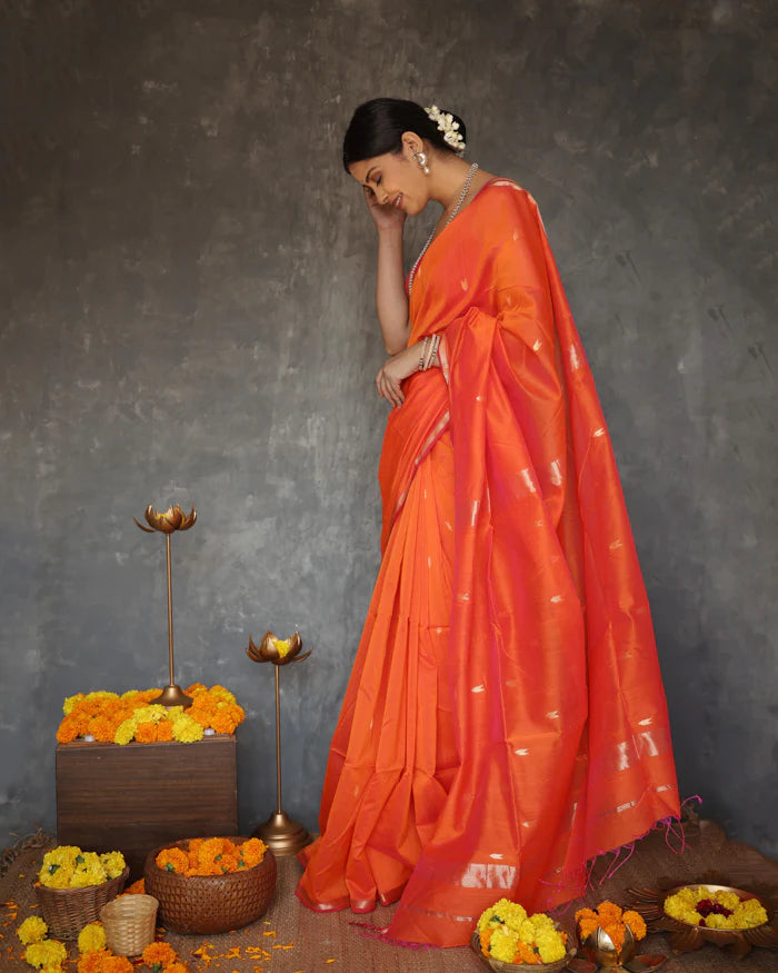 Phenomenal Orange Cotton Silk Saree With Redolent Blouse Piece