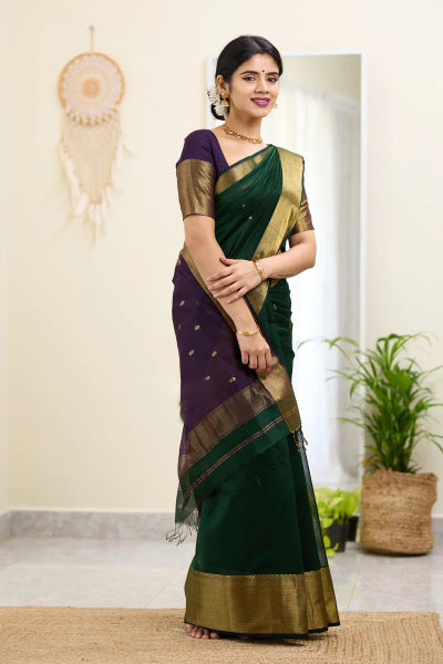 Adoring Dark Green Cotton Silk Saree With Blissful Blouse Piece