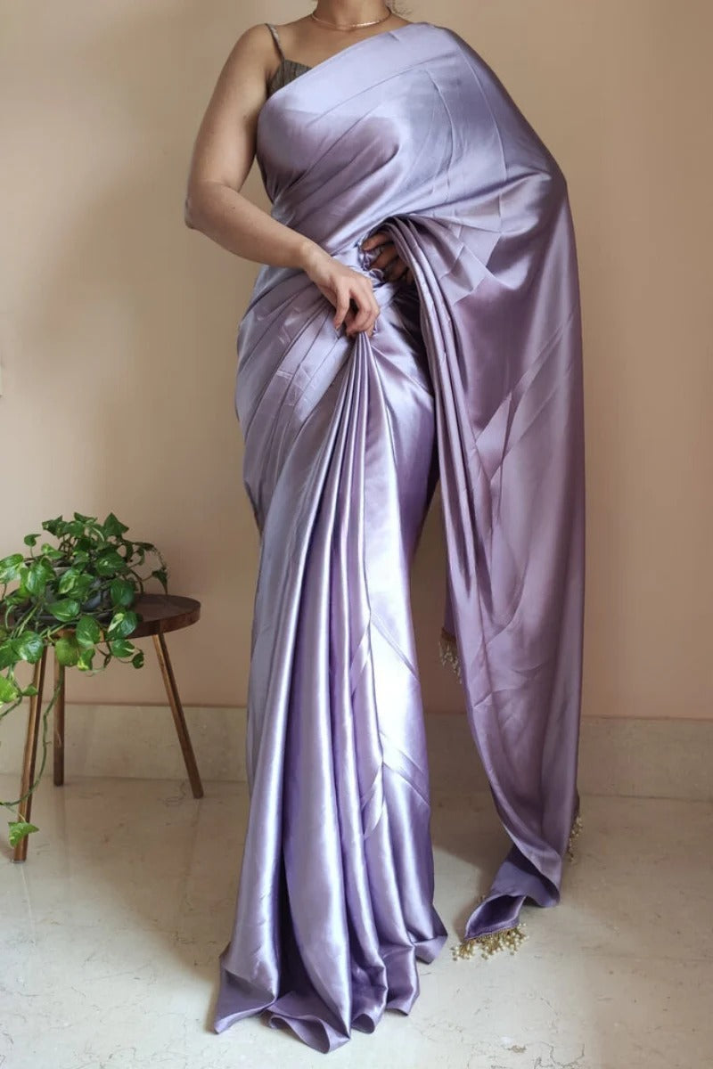 Gorgeous Lavender 1 Minute Ready To Wear Satin Silk Saree With Handmade Tassels