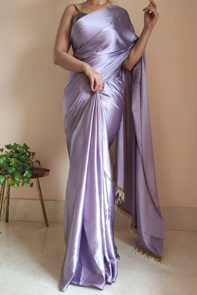 Gorgeous Lavender 1 Minute Ready To Wear Satin Silk Saree With Handmade Tassels