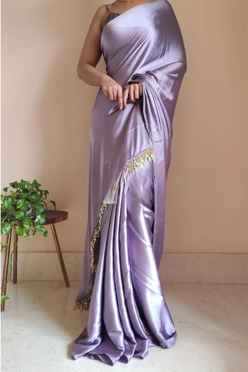 Gorgeous Lavender 1 Minute Ready To Wear Satin Silk Saree With Handmade Tassels