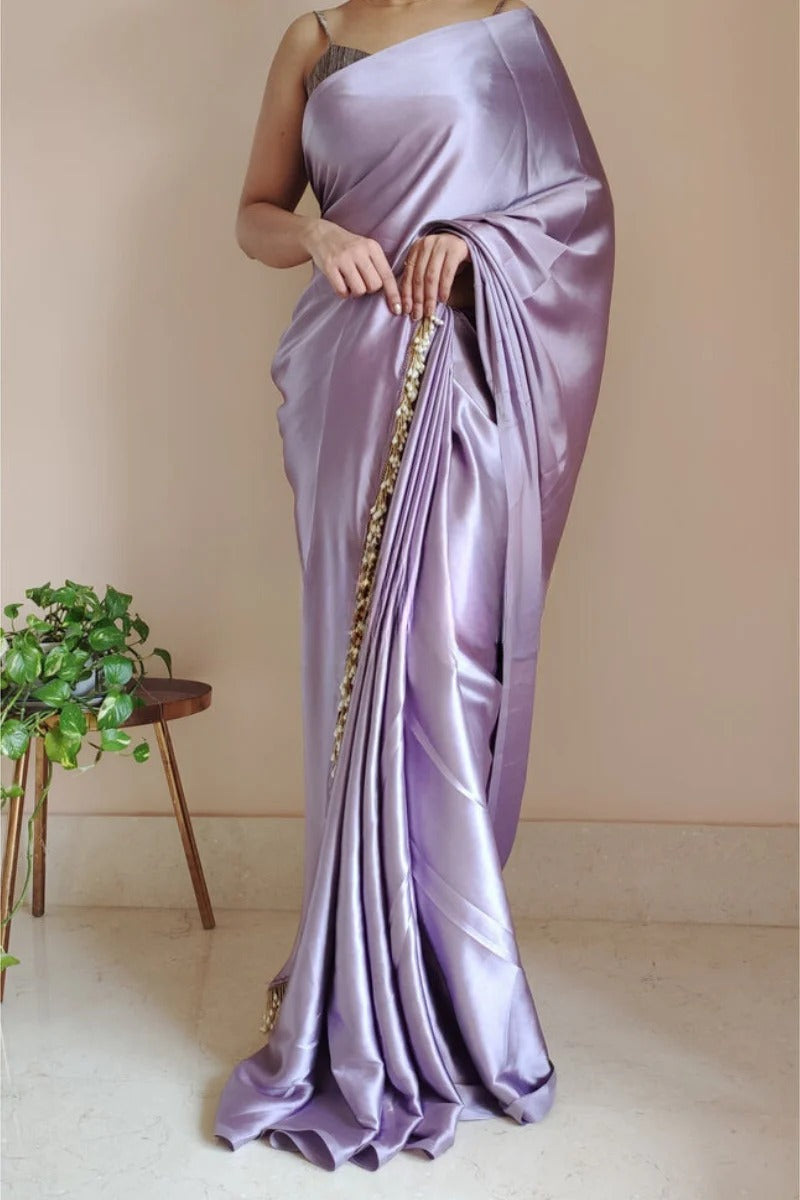 Gorgeous Lavender 1 Minute Ready To Wear Satin Silk Saree With Handmade Tassels