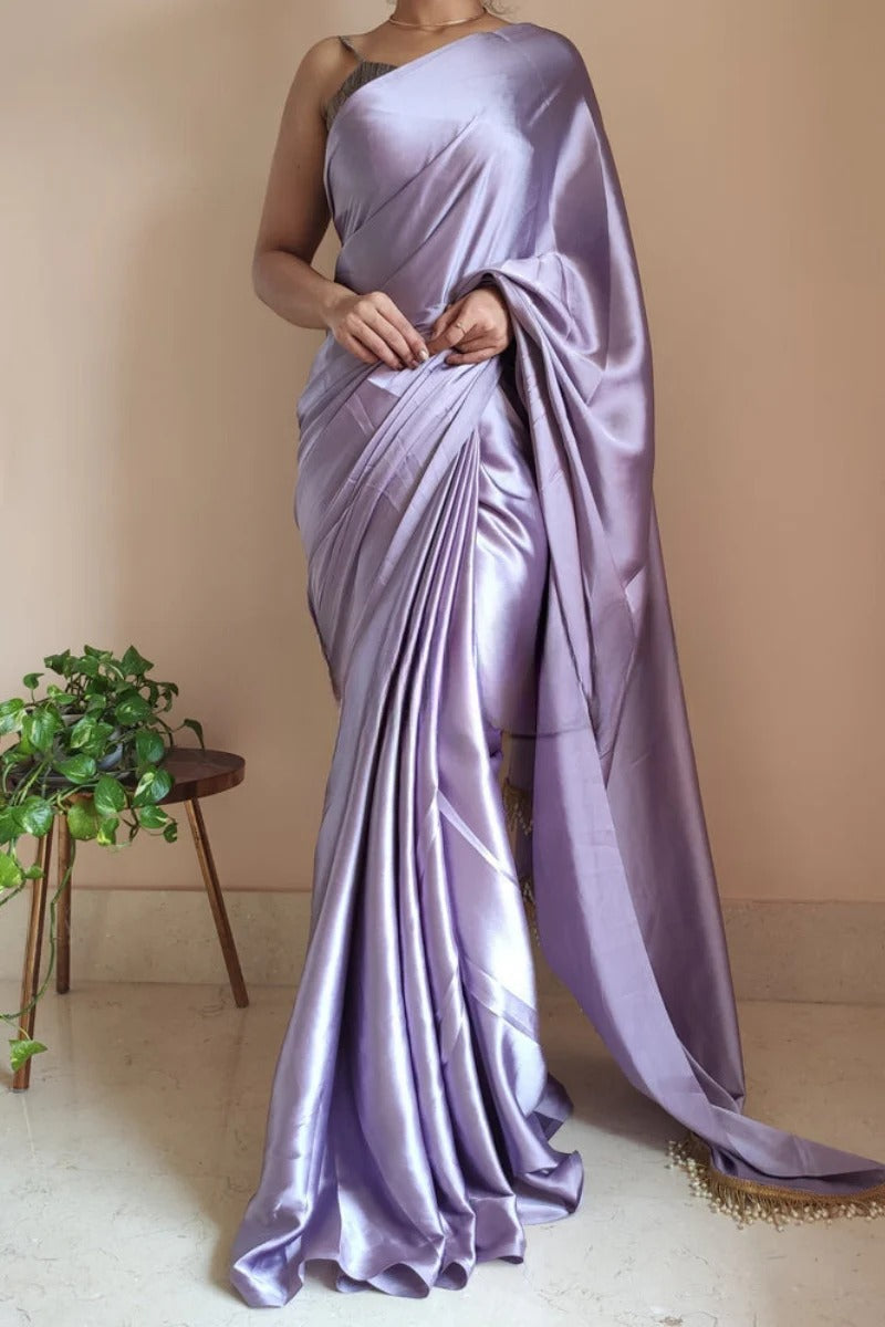 Gorgeous Lavender 1 Minute Ready To Wear Satin Silk Saree With Handmade Tassels