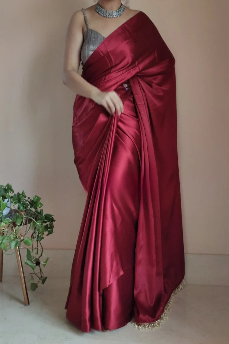 Quintessential Maroon 1 Minute Ready To Wear Satin Silk Saree With Handmade Tassels