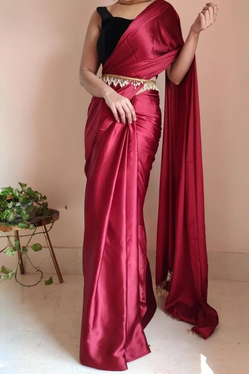 Quintessential Maroon 1 Minute Ready To Wear Satin Silk Saree With Handmade Tassels