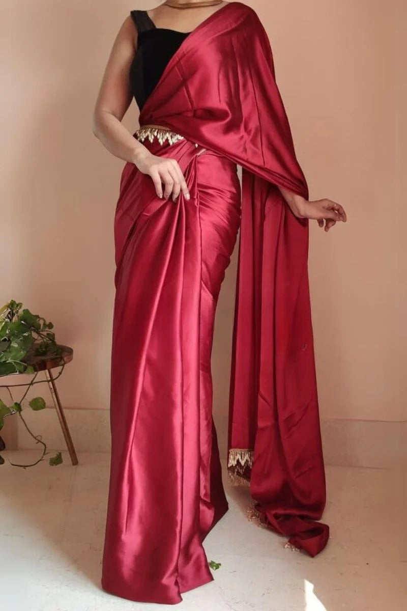 Quintessential Maroon 1 Minute Ready To Wear Satin Silk Saree With Handmade Tassels