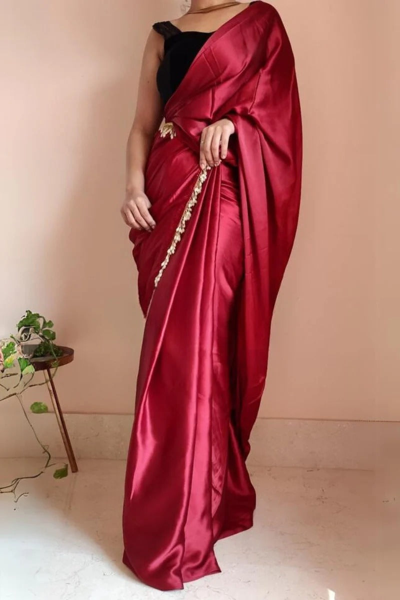 Quintessential Maroon 1 Minute Ready To Wear Satin Silk Saree With Handmade Tassels