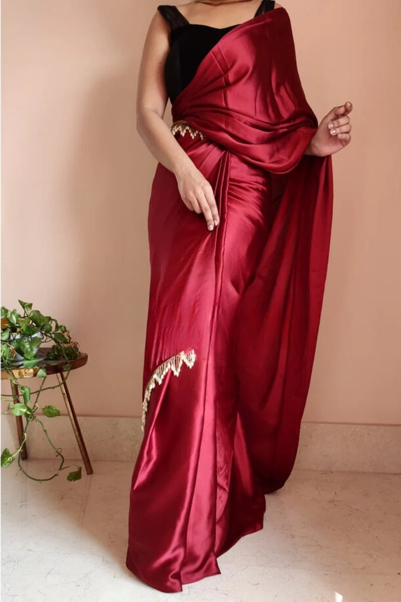 Quintessential Maroon 1 Minute Ready To Wear Satin Silk Saree With Handmade Tassels