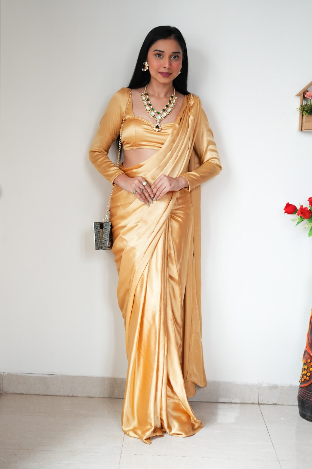 Profuse 1 Minute Ready To Wear Beige Japan Satin Silk Saree