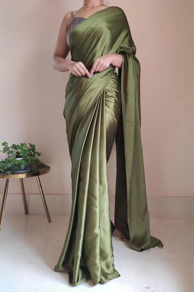 Comely Olive Green 1 Minute Ready To Wear Satin Silk Saree With Handmade Tassels