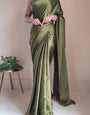 Comely Olive Green 1 Minute Ready To Wear Satin Silk Saree With Handmade Tassels