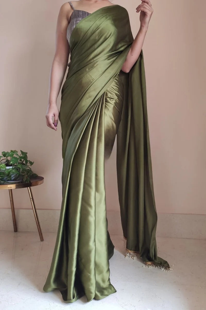 Comely Olive Green 1 Minute Ready To Wear Satin Silk Saree With Handmade Tassels