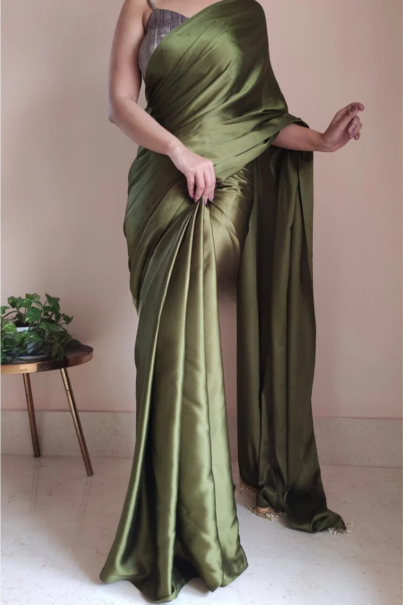 Comely Olive Green 1 Minute Ready To Wear Satin Silk Saree With Handmade Tassels