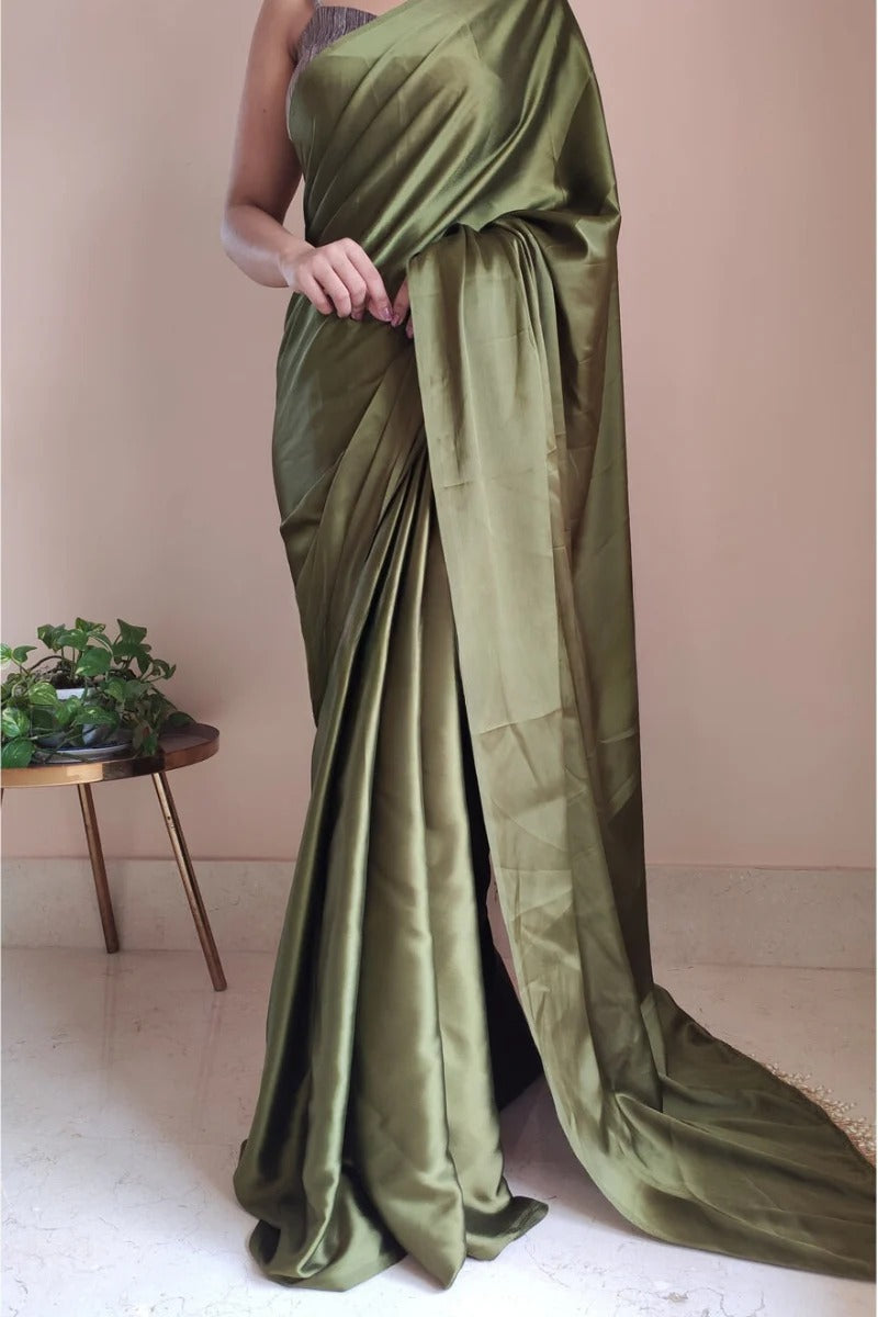 Comely Olive Green 1 Minute Ready To Wear Satin Silk Saree With Handmade Tassels