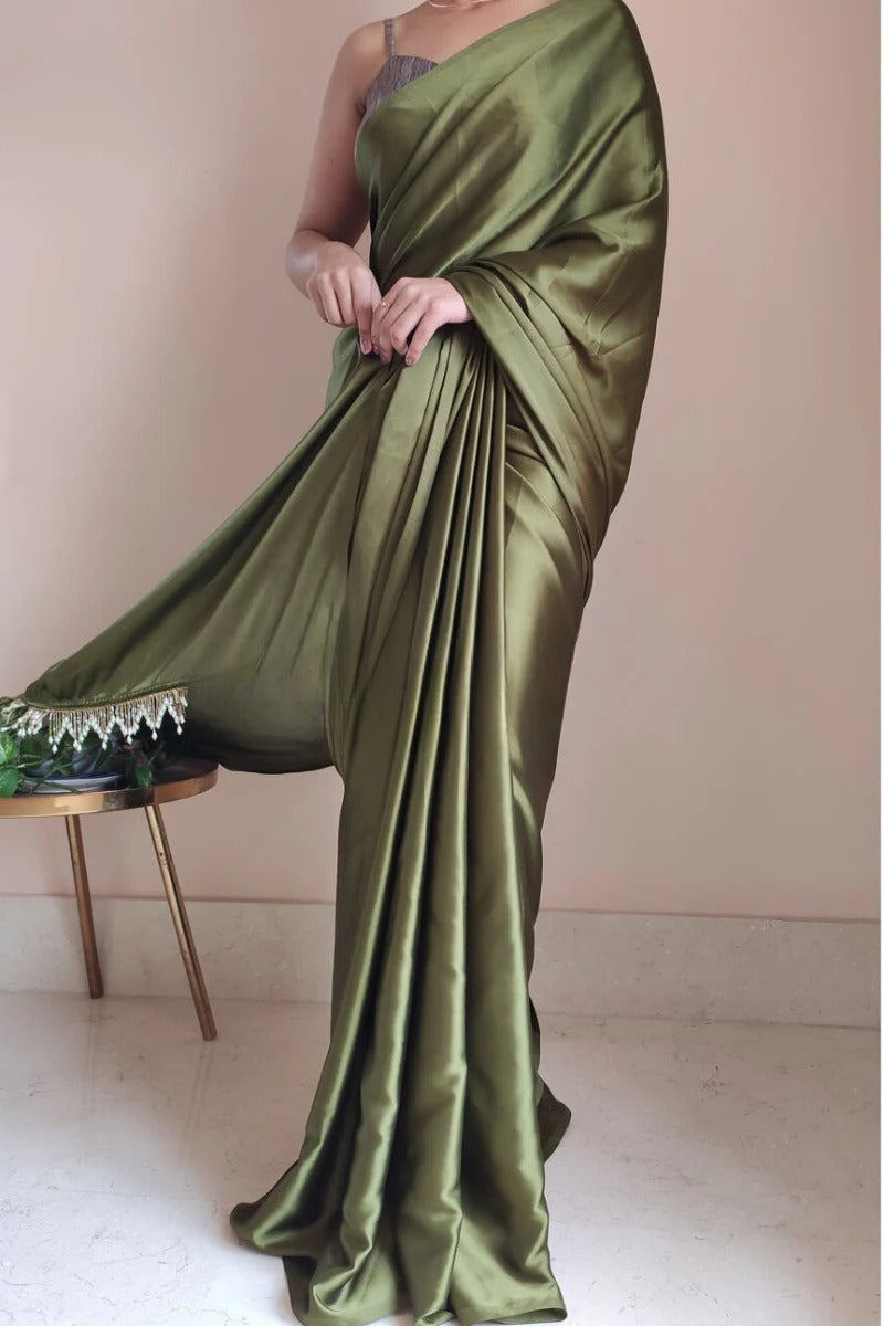 Comely Olive Green 1 Minute Ready To Wear Satin Silk Saree With Handmade Tassels