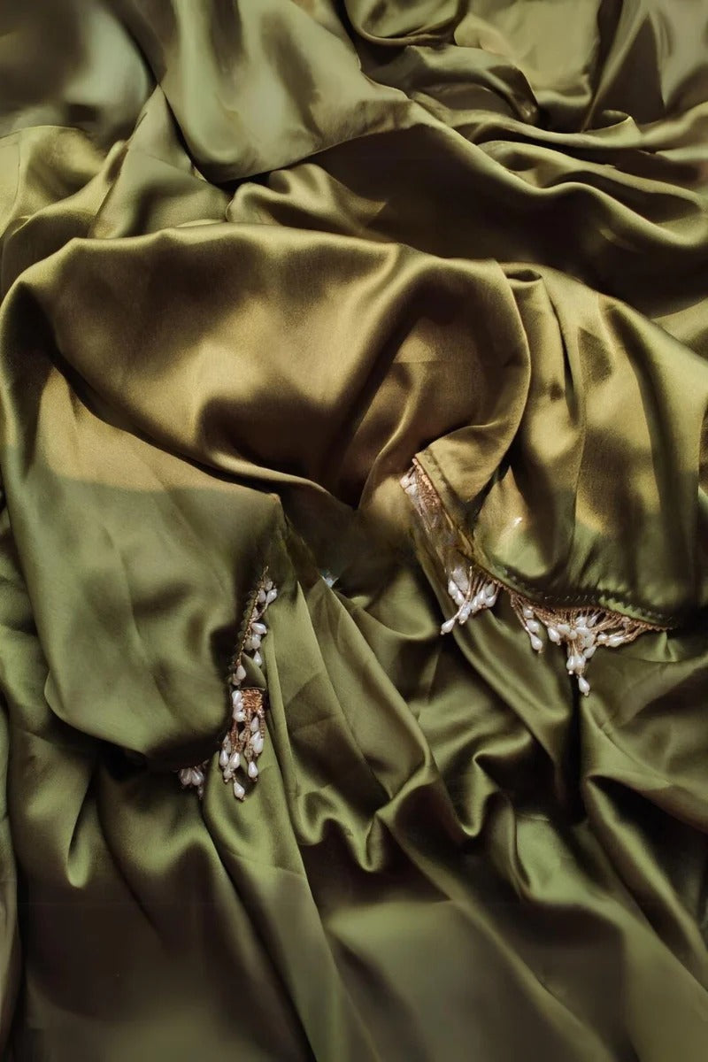 Comely Olive Green 1 Minute Ready To Wear Satin Silk Saree With Handmade Tassels