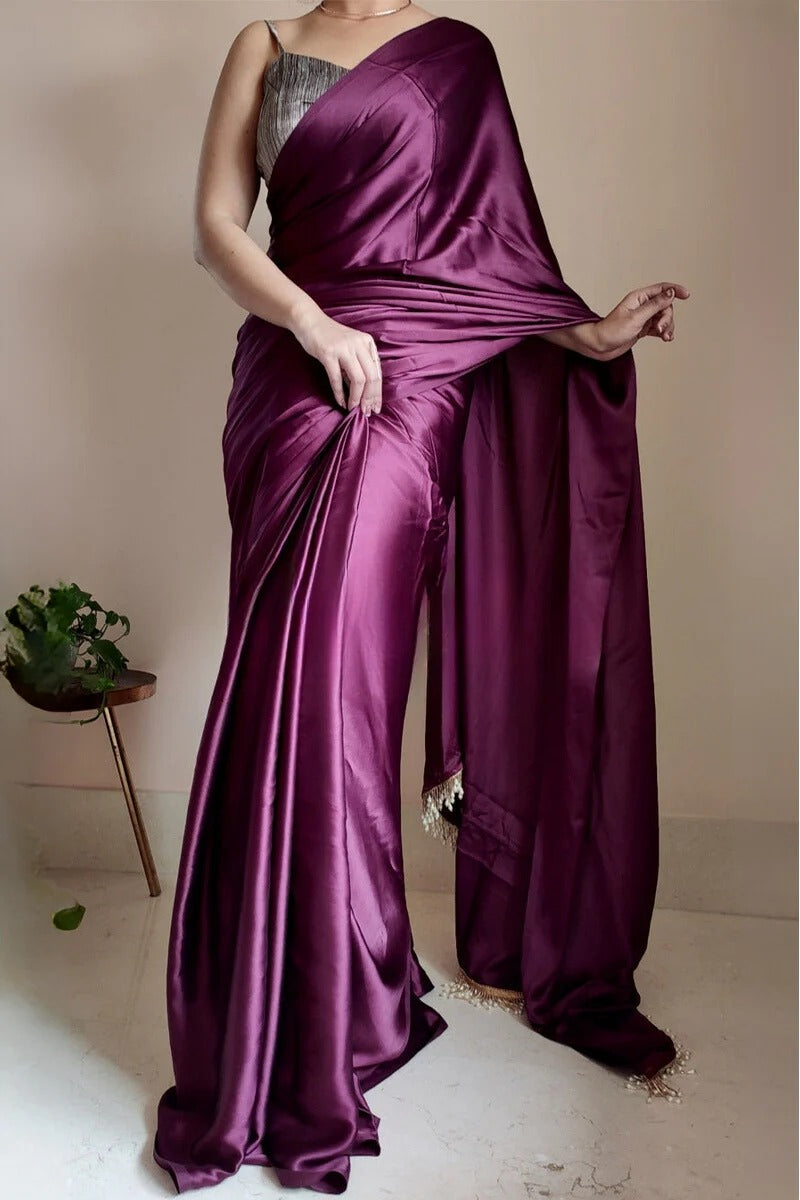 Demure Purple 1 Minute Ready To Wear Satin Silk Saree With Handmade Tassels