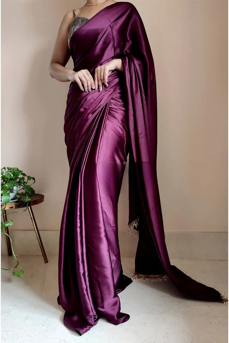 Demure Purple 1 Minute Ready To Wear Satin Silk Saree With Handmade Tassels