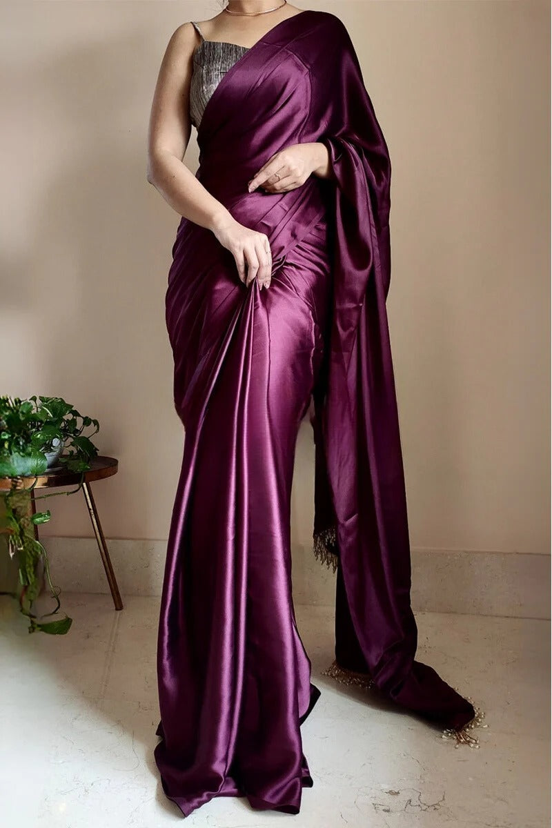 Demure Purple 1 Minute Ready To Wear Satin Silk Saree With Handmade Tassels