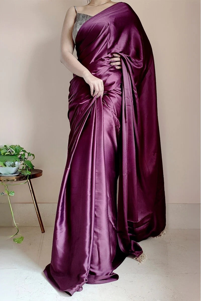 Demure Purple 1 Minute Ready To Wear Satin Silk Saree With Handmade Tassels