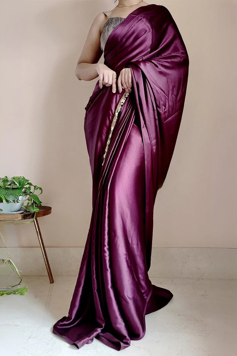 Demure Purple 1 Minute Ready To Wear Satin Silk Saree With Handmade Tassels