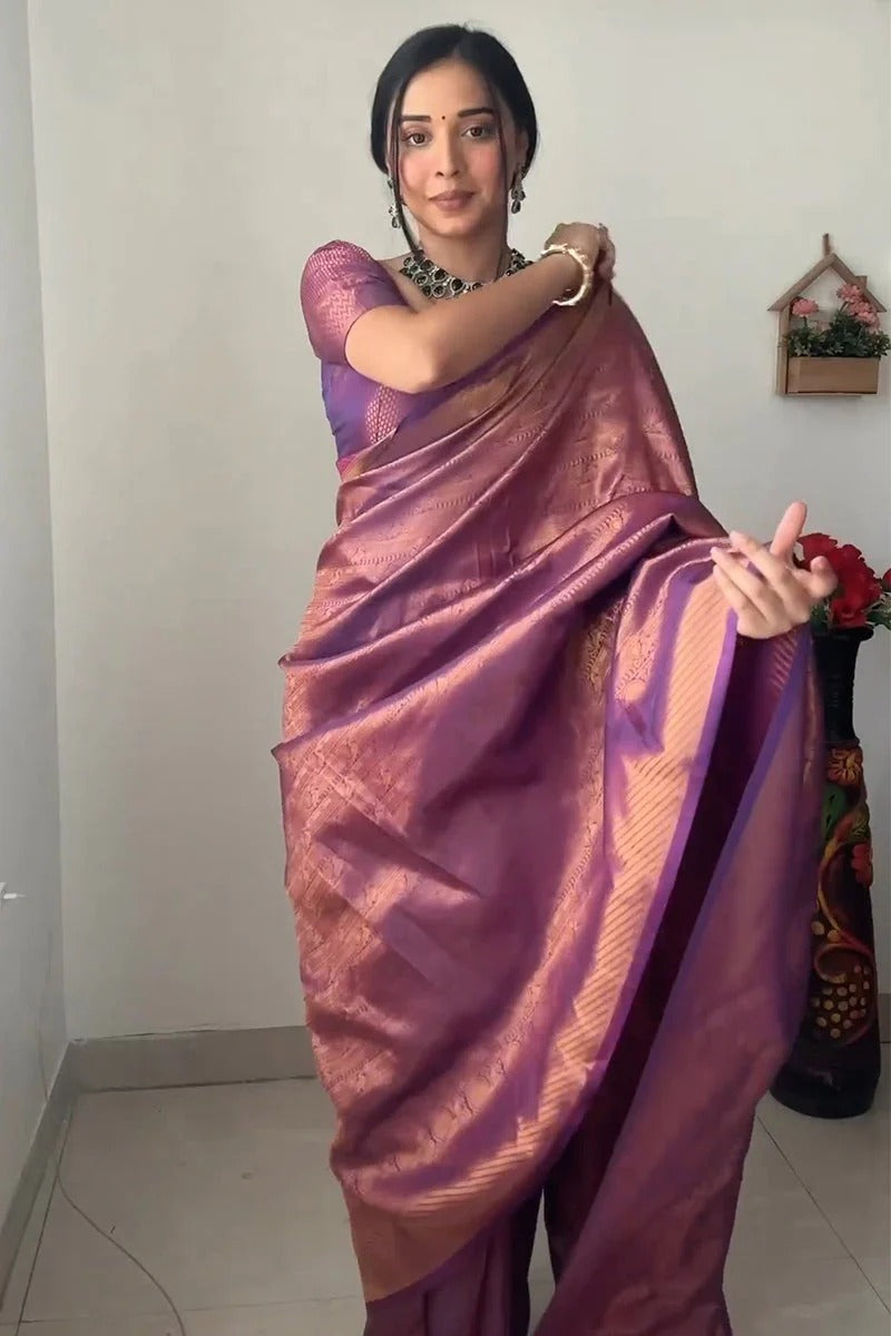 Smashing 1-Minute Ready To Wear Purple Kanjivaram Silk Saree