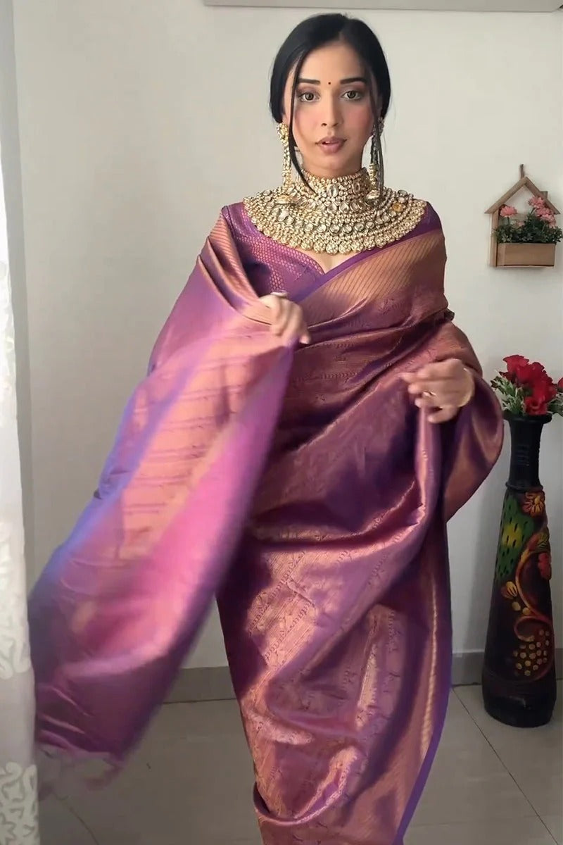 Smashing 1-Minute Ready To Wear Purple Kanjivaram Silk Saree