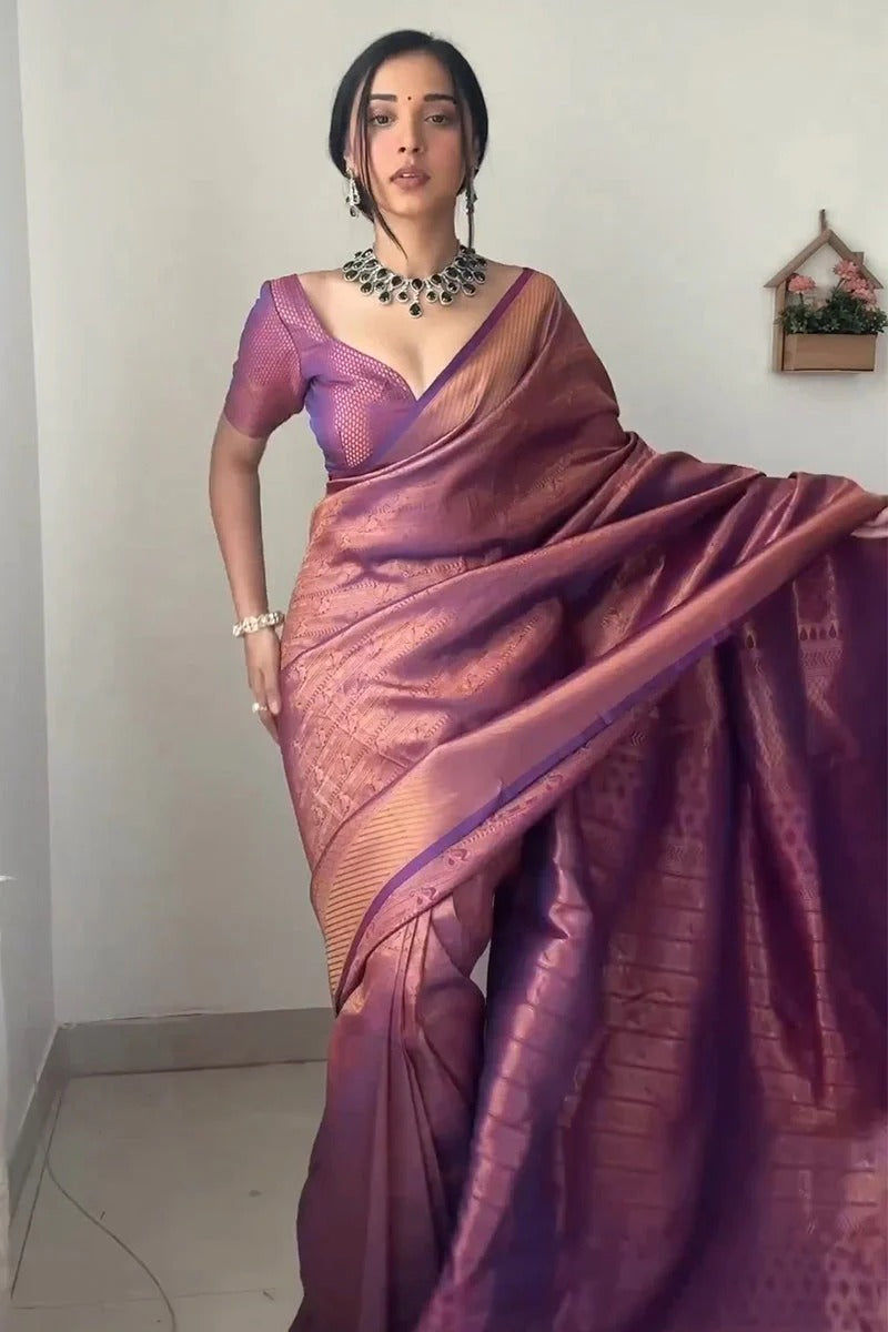 Smashing 1-Minute Ready To Wear Purple Kanjivaram Silk Saree