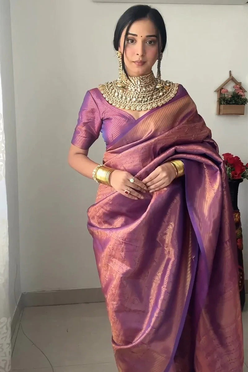 Smashing 1-Minute Ready To Wear Purple Kanjivaram Silk Saree